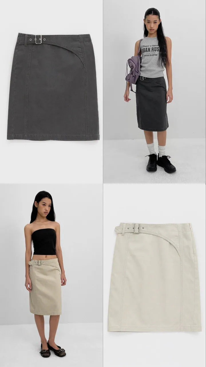 【BLACKUP】皮帶設計棉質五分直筒裙 - 2 colors