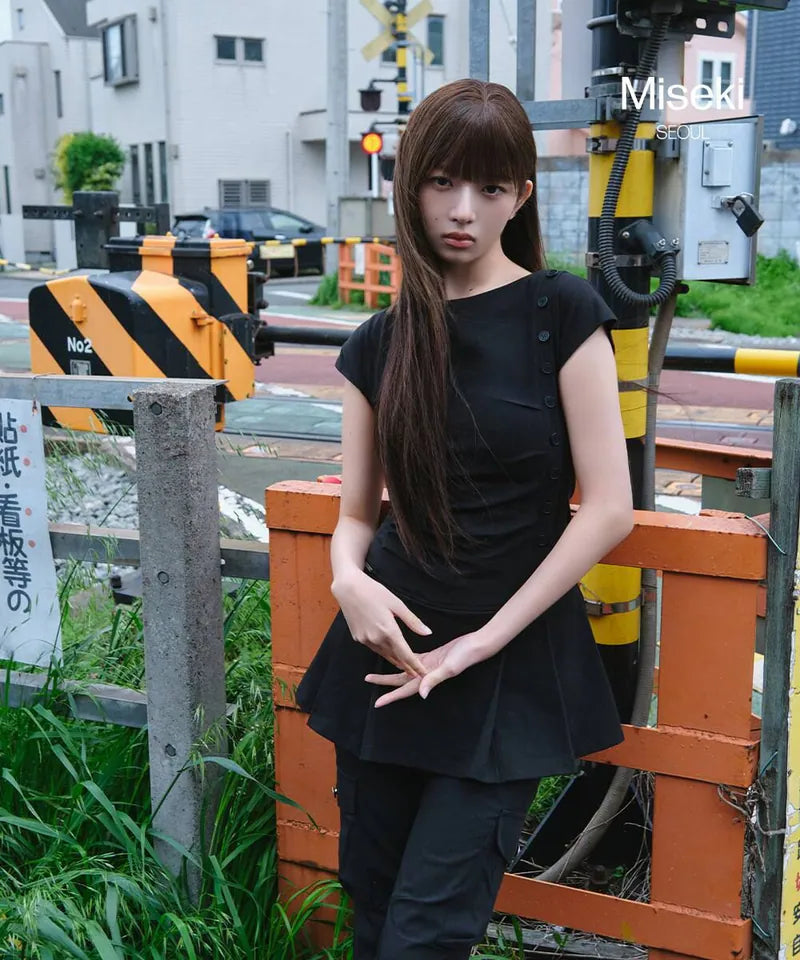【Miseki seoul】Pleats button mini onepiece - BLACK / CHARCOAL