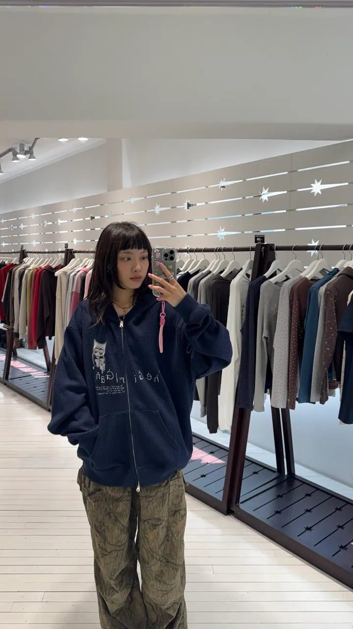 【niceghostclub】the girl gang waffle hoodie zipup [beige / navy]
