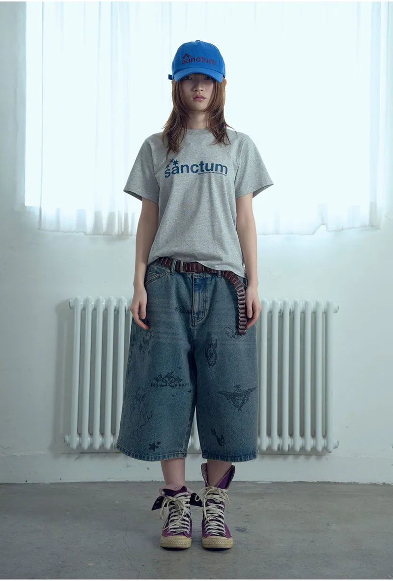 【niceghostclub】 big wide bermuda doodle denim pants [ blue / black ]