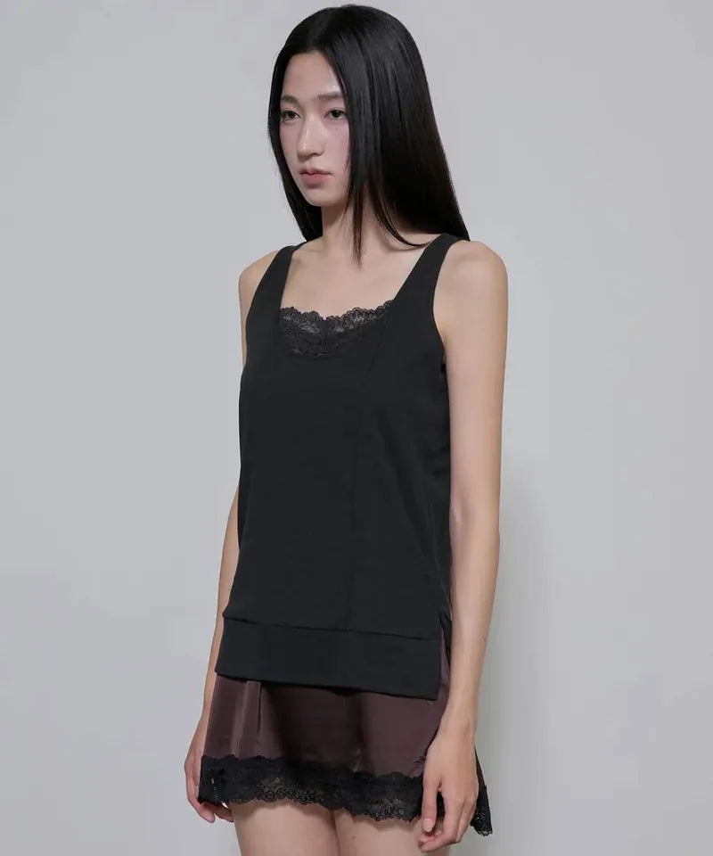 【Flare up】2-Layered Lace Dress [Black / Brown]