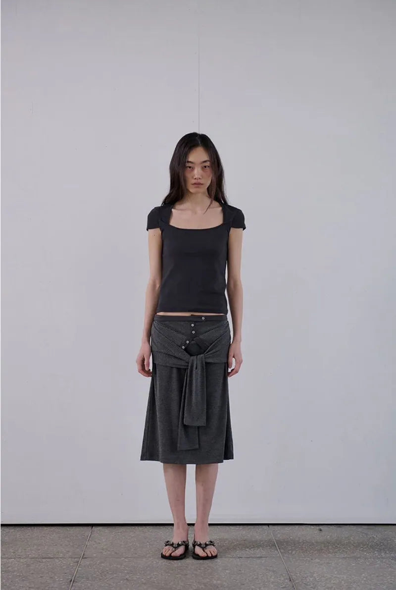【ORDES】STRIPE WRAP TIE SKIRT - GREY / CHARCOAL