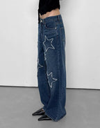 【Polysooem】FRAYED STAR PATCHED JEANS - BLUE