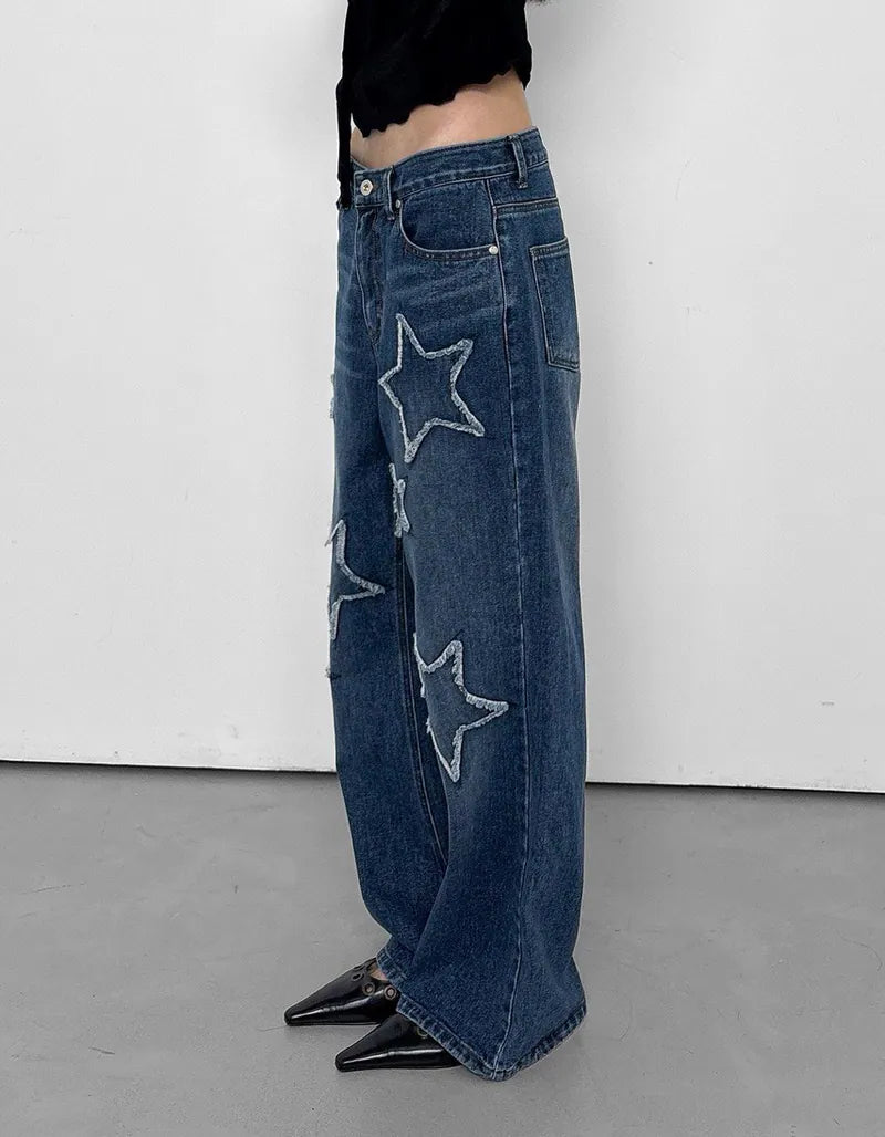 【Polysooem】FRAYED STAR PATCHED JEANS - BLUE