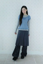 【Uglyshadow】 DOT SHIRRING BLOUSE [ BLACK / BLUE ]