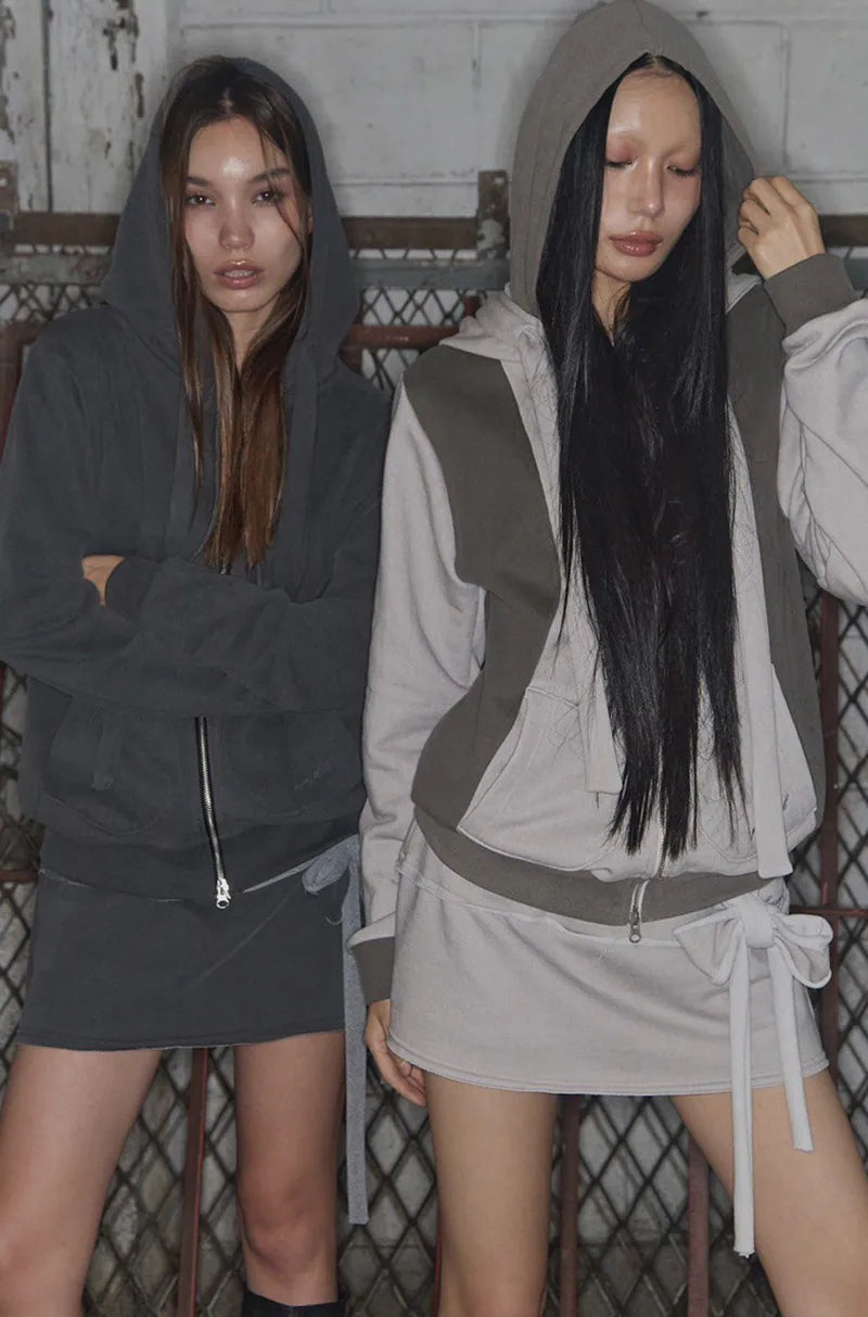 【Fancy Club】DYE-WASH LAYERED HOODED ZIP-UP [Charcoal / Brown]
