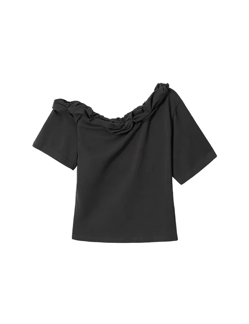 【kijun】Twist One-Shoulder Top [Off-White / Charcoal]