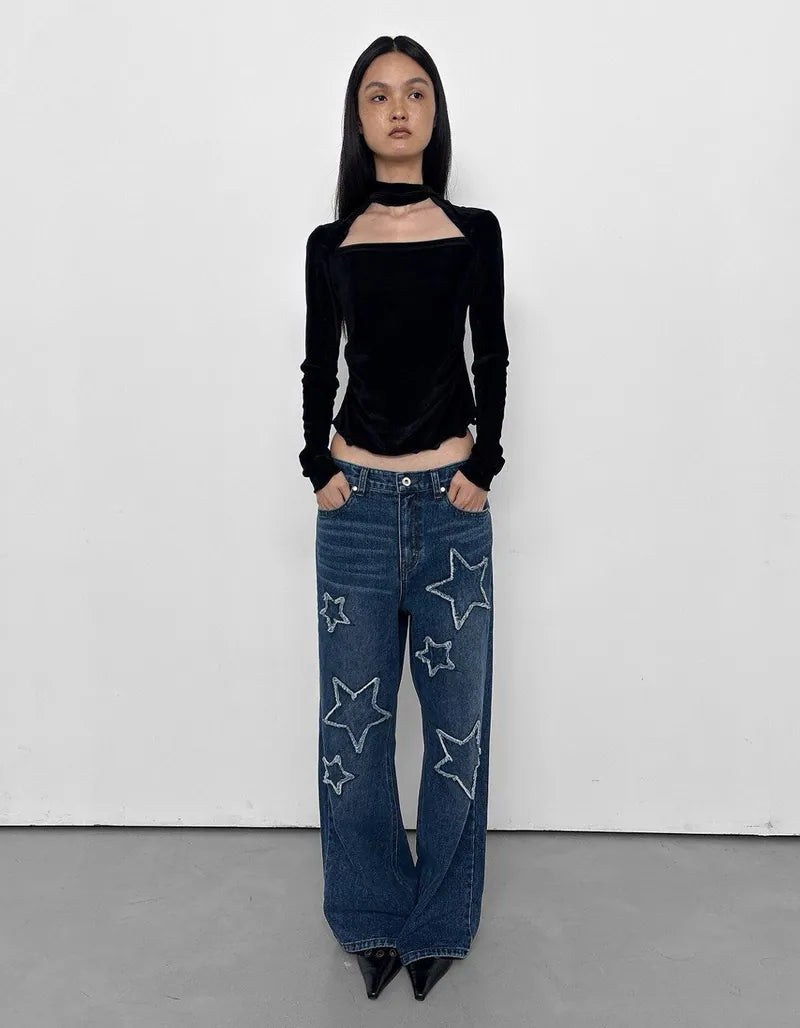【Polysooem】FRAYED STAR PATCHED JEANS - BLUE