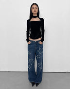 【Polysooem】FRAYED STAR PATCHED JEANS - BLUE
