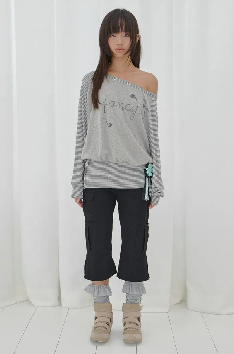 【Fancy Club】DRAWING STRIPE OFF-SHOULDER [Gray / Black]
