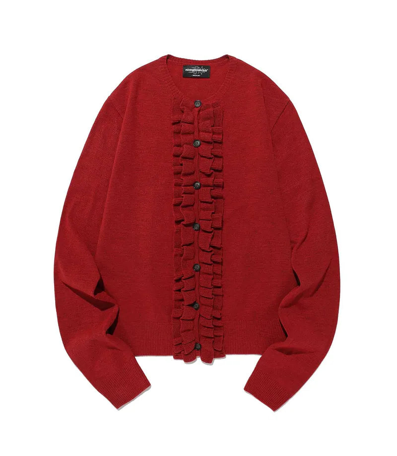 【niceghostclub】frill knit cardigan [Red / Charcoal]