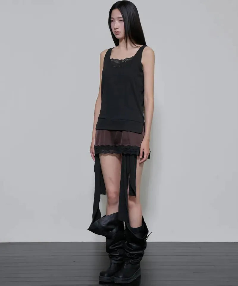 【Flare up】2-Layered Lace Dress [Black / Brown]