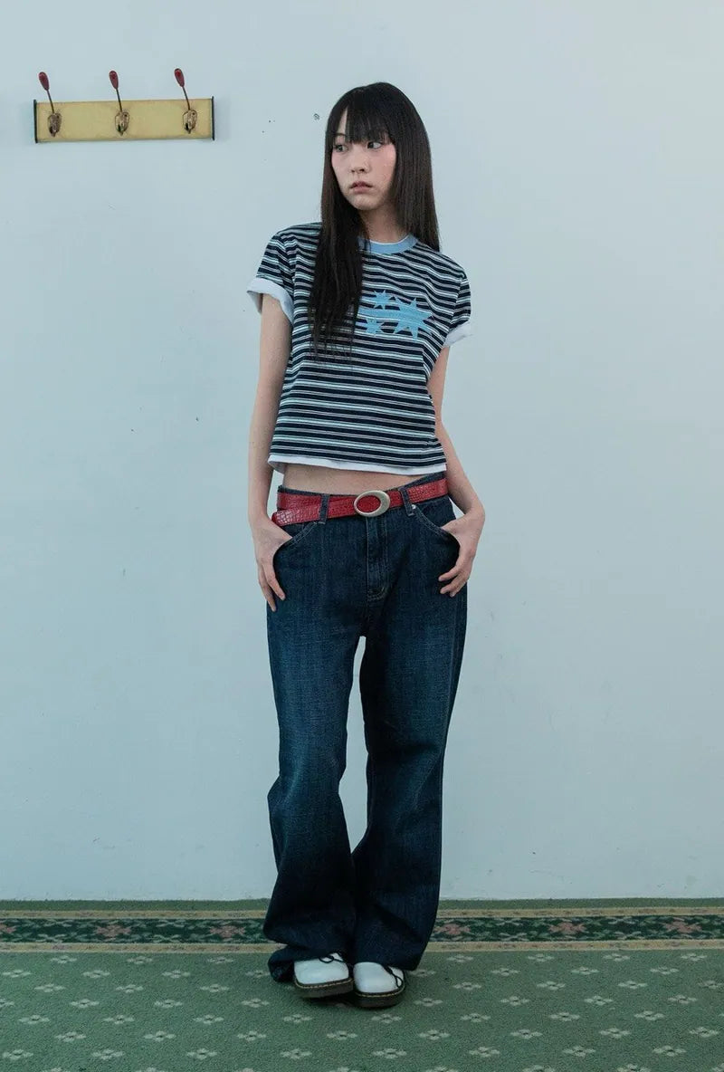 【niceghostclub】  stripe 3star basic tee [ oatmeal / navy ]