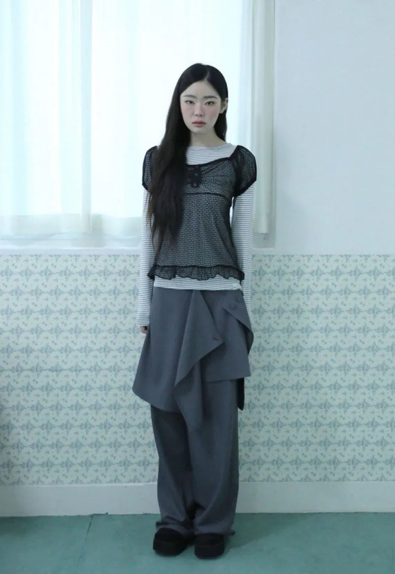 【Uglyshadow】 DOT SHIRRING BLOUSE [ BLACK / BLUE ]
