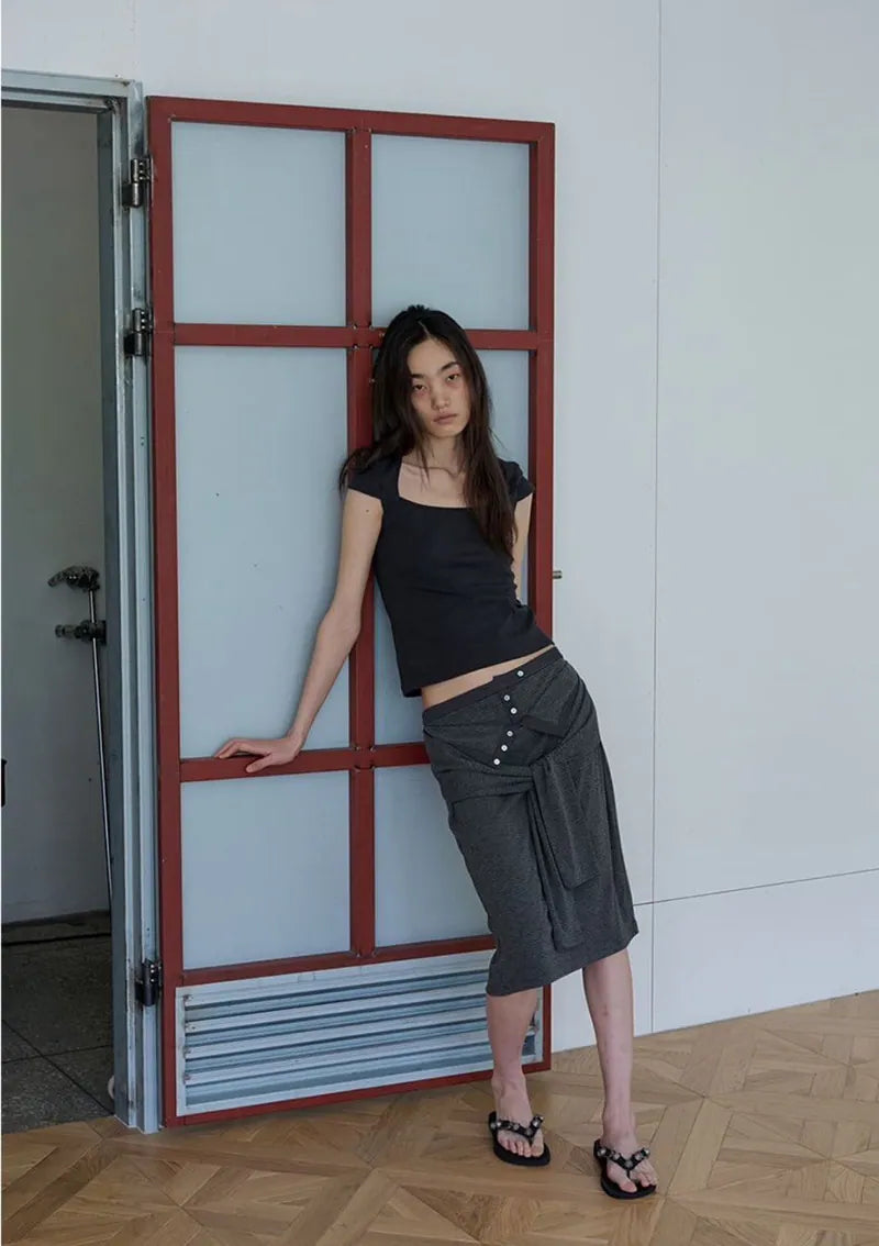 【ORDES】STRIPE WRAP TIE SKIRT - GREY / CHARCOAL