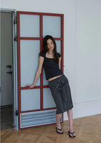 【ORDES】STRIPE WRAP TIE SKIRT - GREY / CHARCOAL
