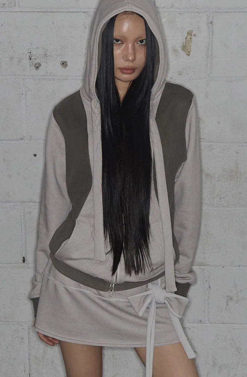 【Fancy Club】DYE-WASH LAYERED HOODED ZIP-UP [Charcoal / Brown]