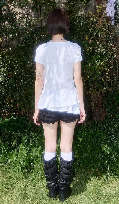 【Fancy Club】FRILL LAYERED DOT TEE [White / Black]