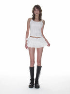 【CRANK】TIERED MICRO SKIRT PANTS [ WINE CHECK / WHITE ]