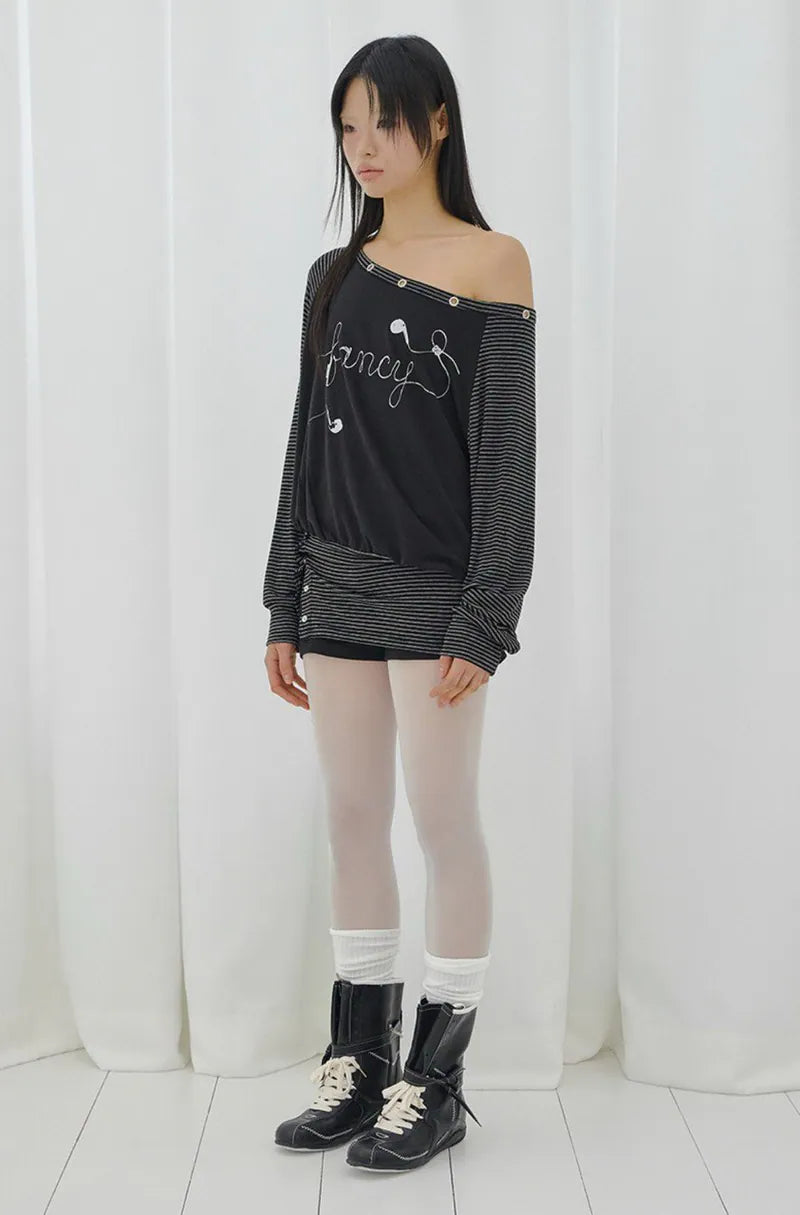 【Fancy Club】DRAWING STRIPE OFF-SHOULDER [Gray / Black]