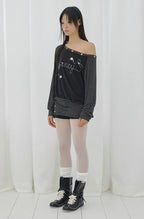 【Fancy Club】DRAWING STRIPE OFF-SHOULDER [Gray / Black]