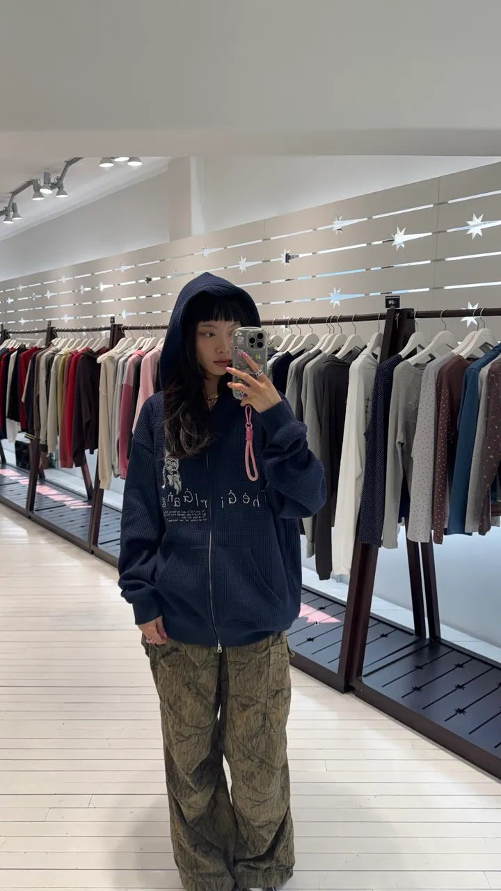 【niceghostclub】the girl gang waffle hoodie zipup [beige / navy]