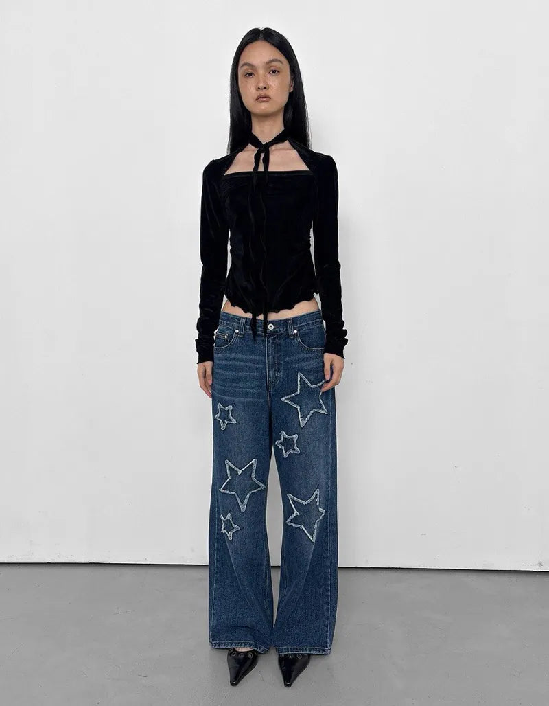 【Polysooem】FRAYED STAR PATCHED JEANS - BLUE