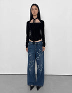 【Polysooem】FRAYED STAR PATCHED JEANS - BLUE
