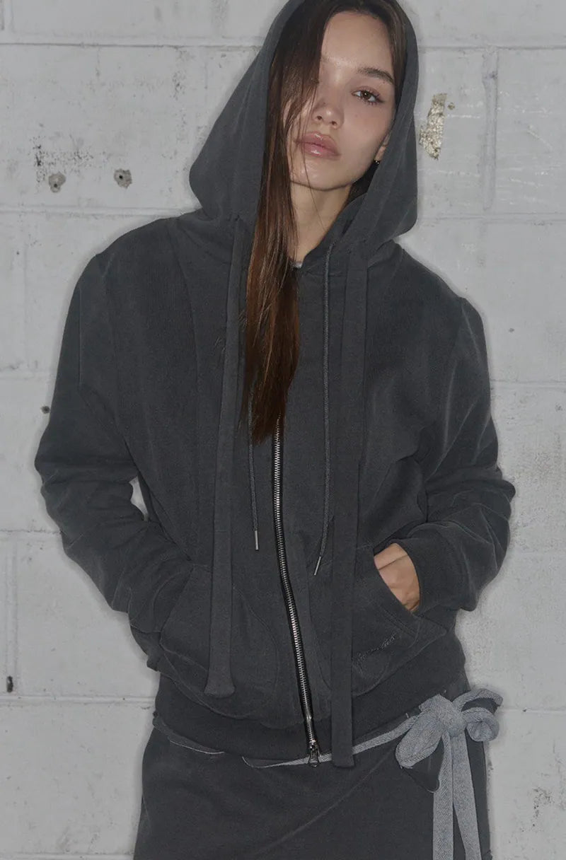 【Fancy Club】DYE-WASH LAYERED HOODED ZIP-UP [Charcoal / Brown]