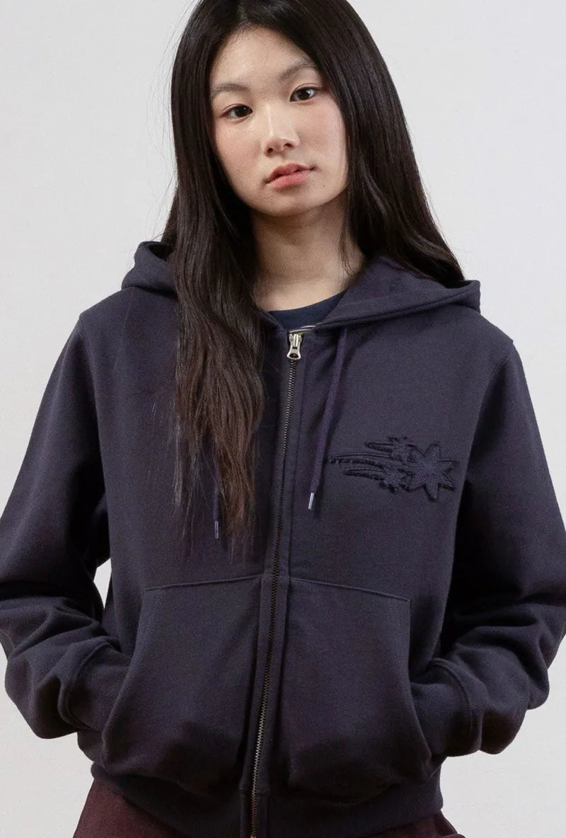 【niceghostclub】3STAR CROP HOODIE ZIP UP [CHARCOAL / PURPLE]