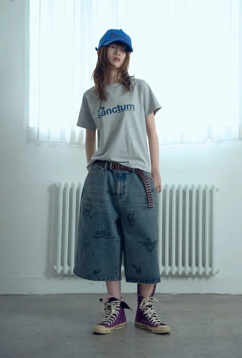 【niceghostclub】 big wide bermuda doodle denim pants [ blue / black ]