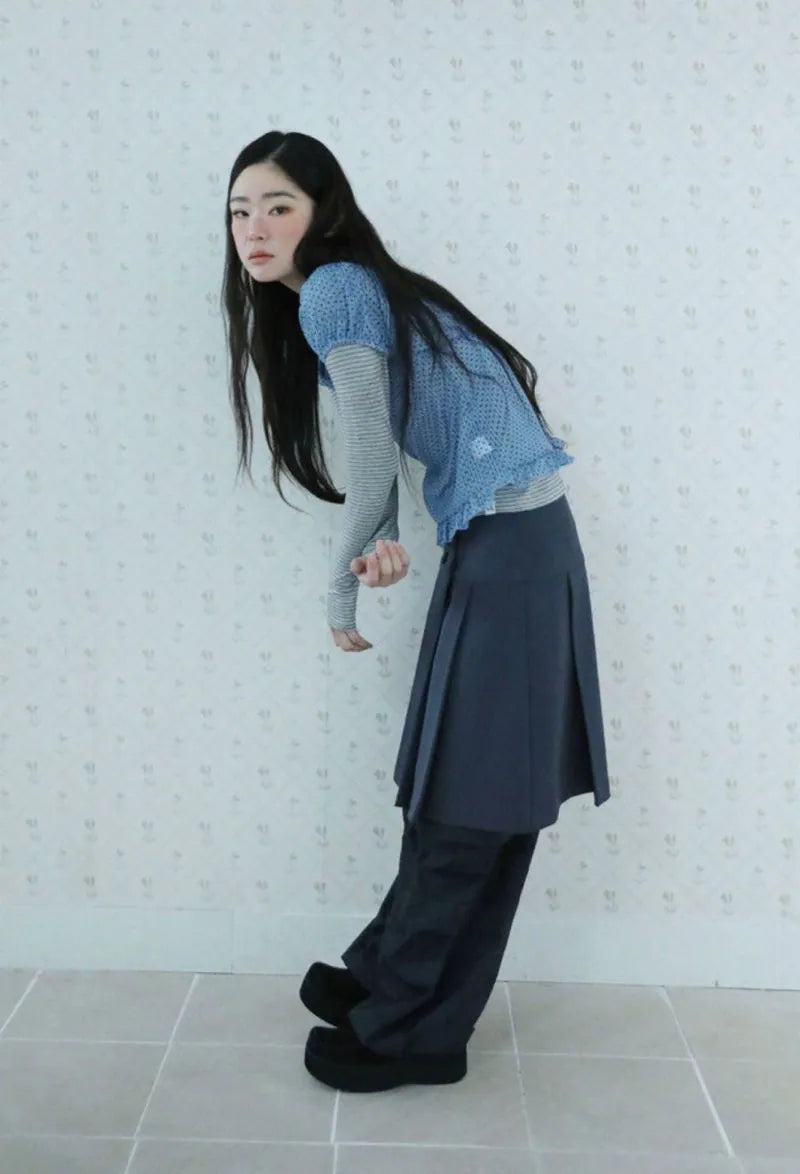 【Uglyshadow】 DOT SHIRRING BLOUSE [ BLACK / BLUE ]
