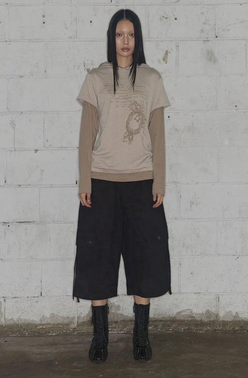 【Fancy Club】STRIPE LAYERED HOODIE [Beige / Black]