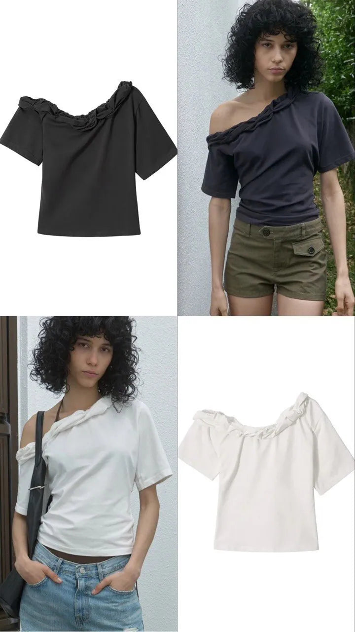 【kijun】Twist One-Shoulder Top [Off-White / Charcoal]