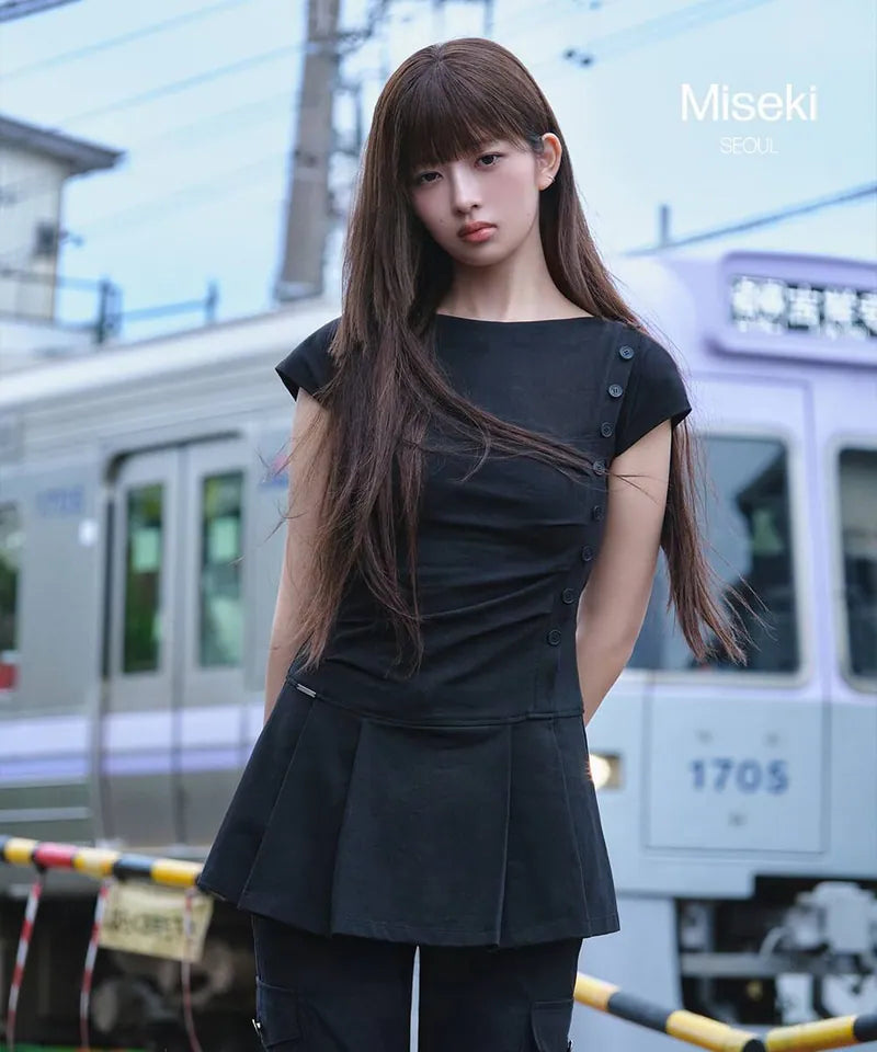 【Miseki seoul】Pleats button mini onepiece - BLACK / CHARCOAL