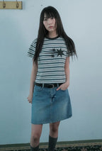 【niceghostclub】  stripe 3star basic tee [ oatmeal / navy ]