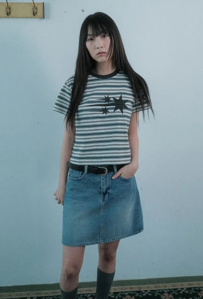 【niceghostclub】  stripe 3star basic tee [ oatmeal / navy ]