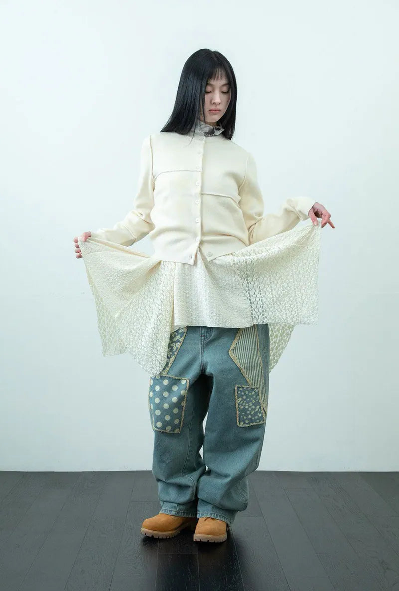 【niceghostclub】PATCHWORK KNIT CARDIGAN [GREY / BEIGE]