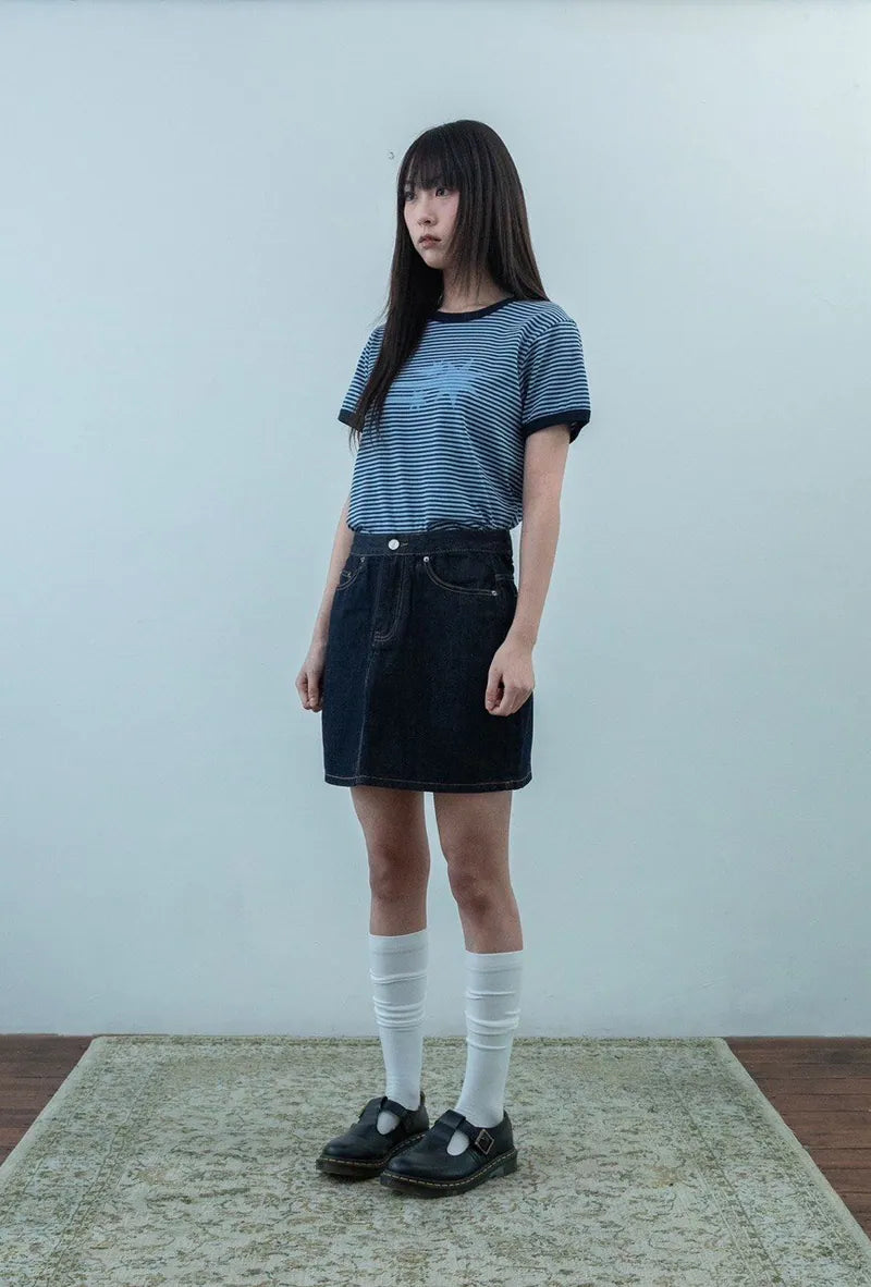 【niceghostclub】 stripe rush 3star ringer crop tee [ black / navy ]