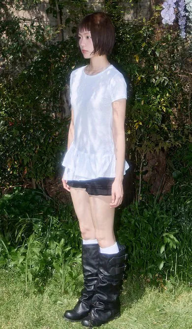 【Fancy Club】FRILL LAYERED DOT TEE [White / Black]