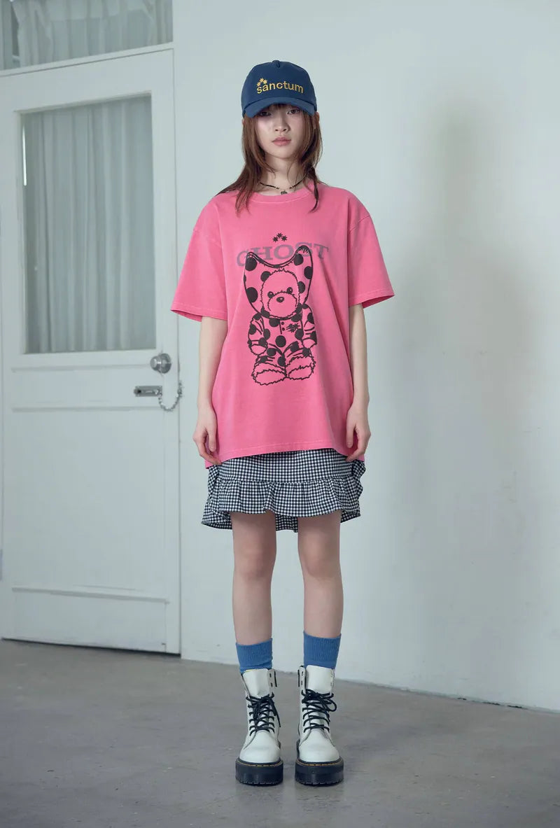 【niceghostclub】devil bear doll pigment dyed tee [ charcoal / pink ]