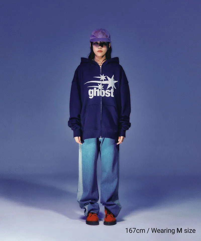 【niceghostclub】 ghost 3star hoodie zip up [charcoal / navy]