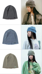 【niceghostclub】 STRIPE TUCK BEANIE [ CHARCOAL / BLUE / BROWN ]