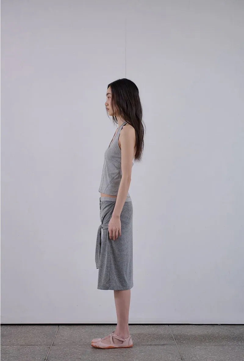 【ORDES】STRIPE WRAP TIE SKIRT - GREY / CHARCOAL