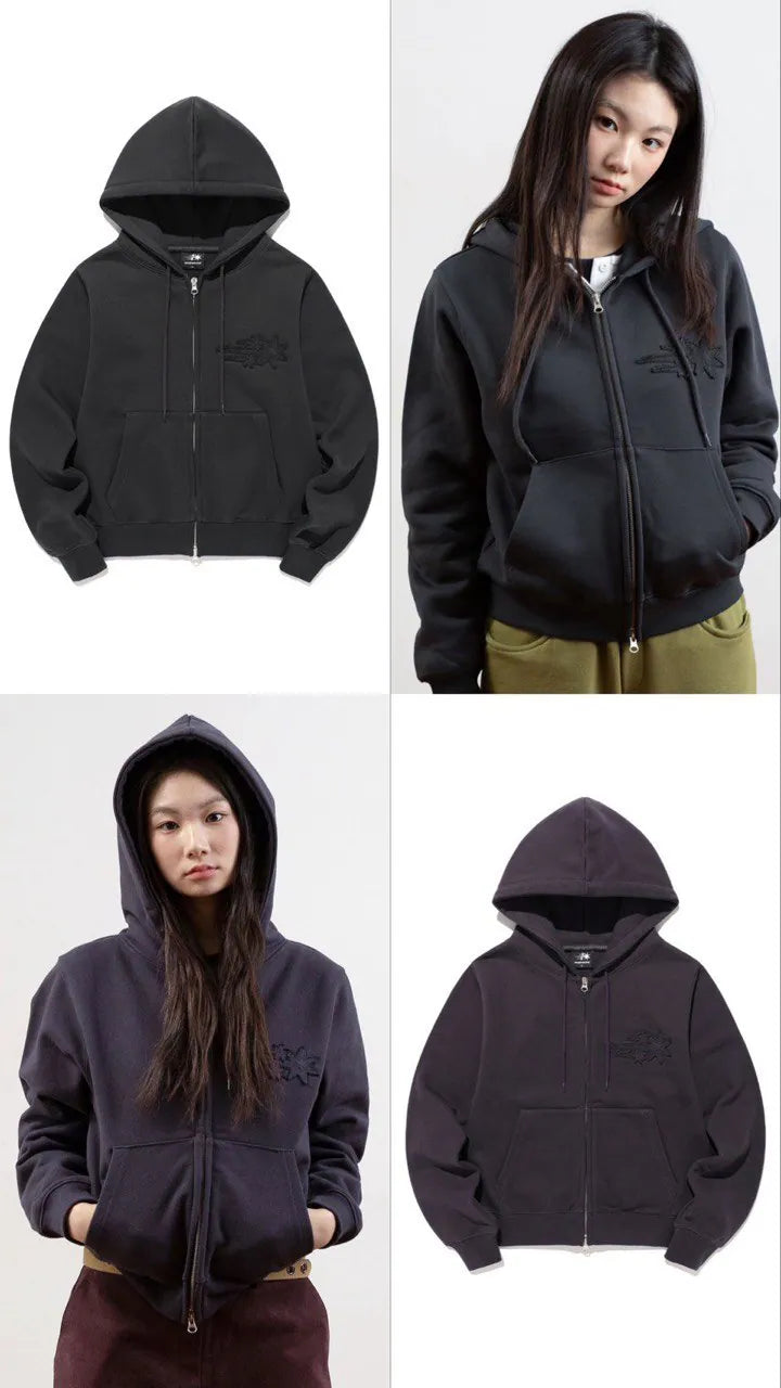 【niceghostclub】3STAR CROP HOODIE ZIP UP [CHARCOAL / PURPLE]