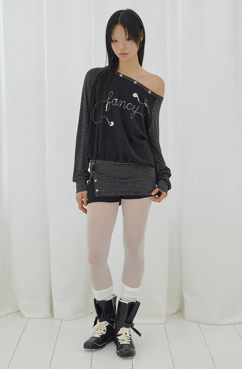 【Fancy Club】DRAWING STRIPE OFF-SHOULDER [Gray / Black]
