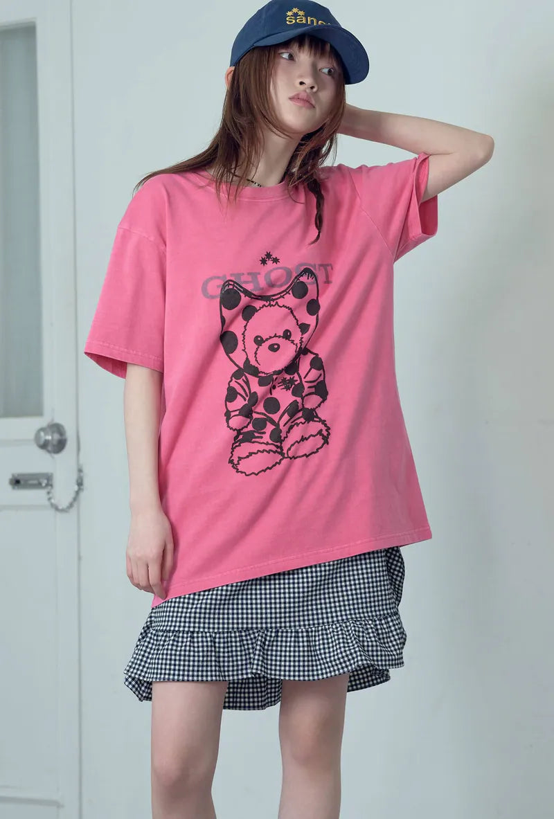 【niceghostclub】devil bear doll pigment dyed tee [ charcoal / pink ]