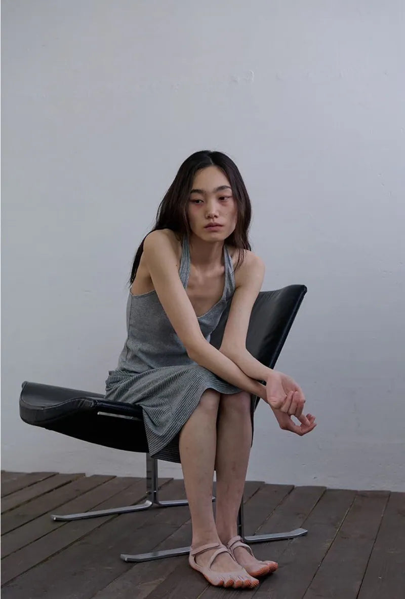 【ORDES】STRIPE WRAP TIE SKIRT - GREY / CHARCOAL