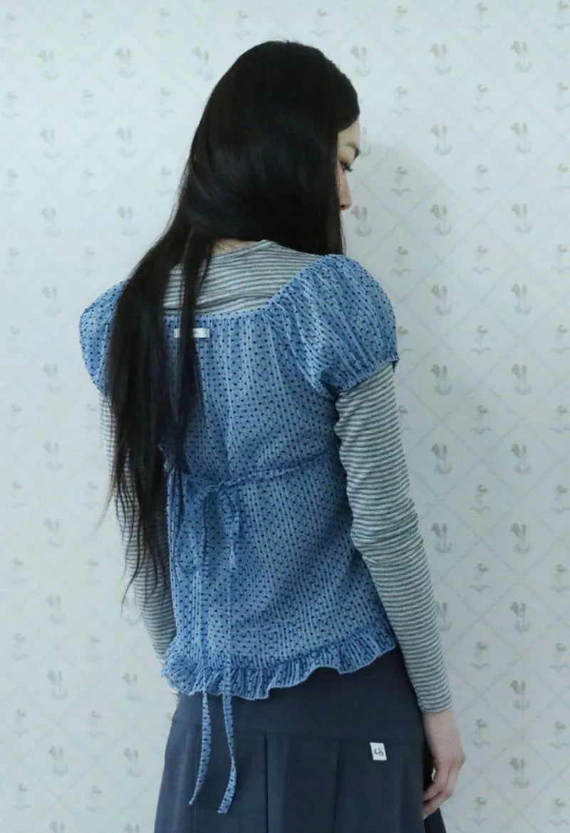 【Uglyshadow】 DOT SHIRRING BLOUSE [ BLACK / BLUE ]