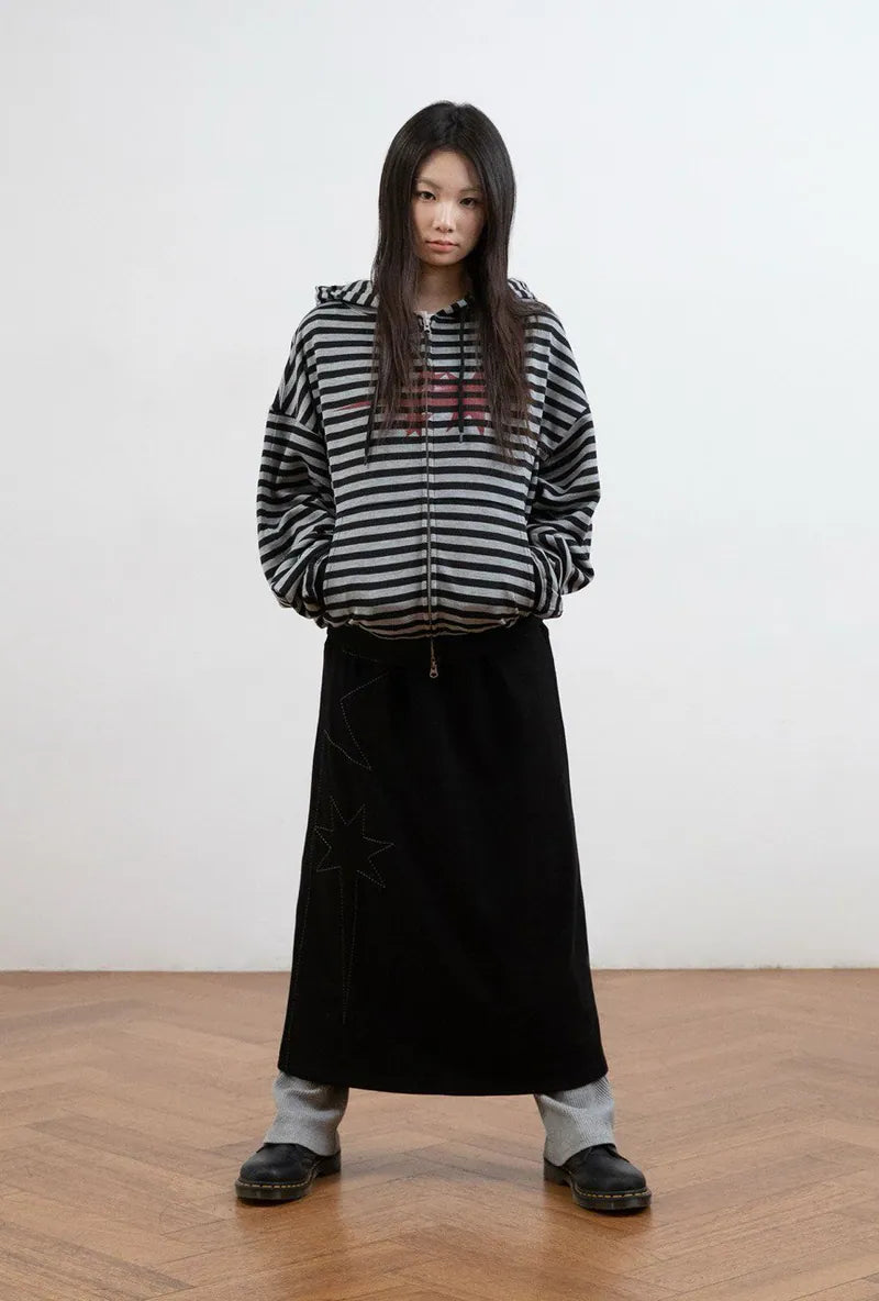 【niceghostclub】STRIPE RUSH 3STAR HOODIE ZIP UP [ GREY / BLACK ]